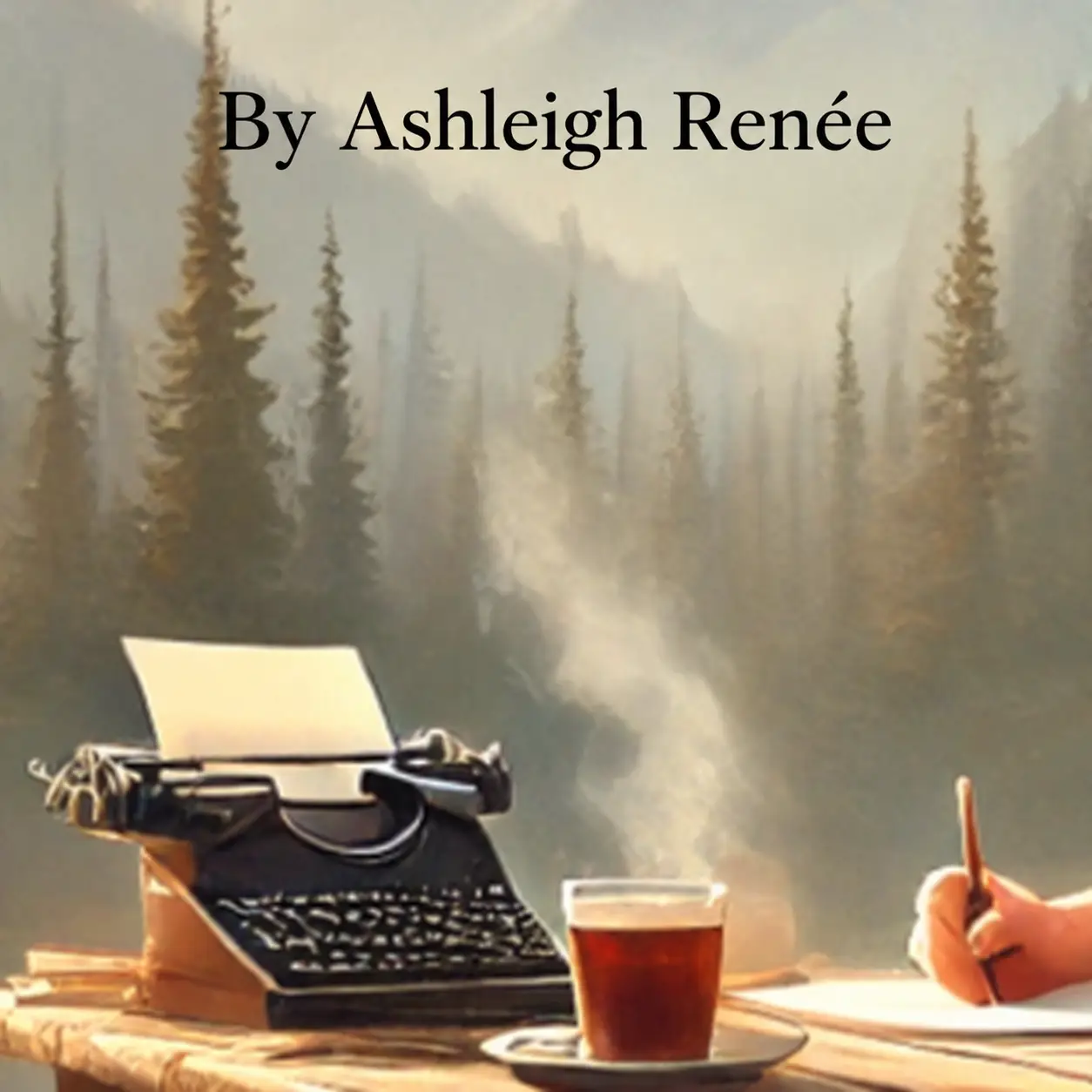 AI-generated author artwork with “By Ashleigh Renée” above a vintage typewriter, steaming tea and a hand writing on paper, against a misty evergreen forest.