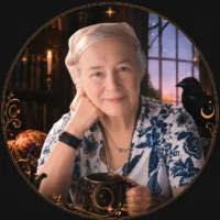 Portrait of an older woman wearing a patterned headscarf and blue floral blouse, smiling gently while holding a black mug decorated with gold celestial symbols. She sits in a candlelit library beside a raven, with a twilight sky visible through the window. An ornate copper-gold circular border frames the scene.