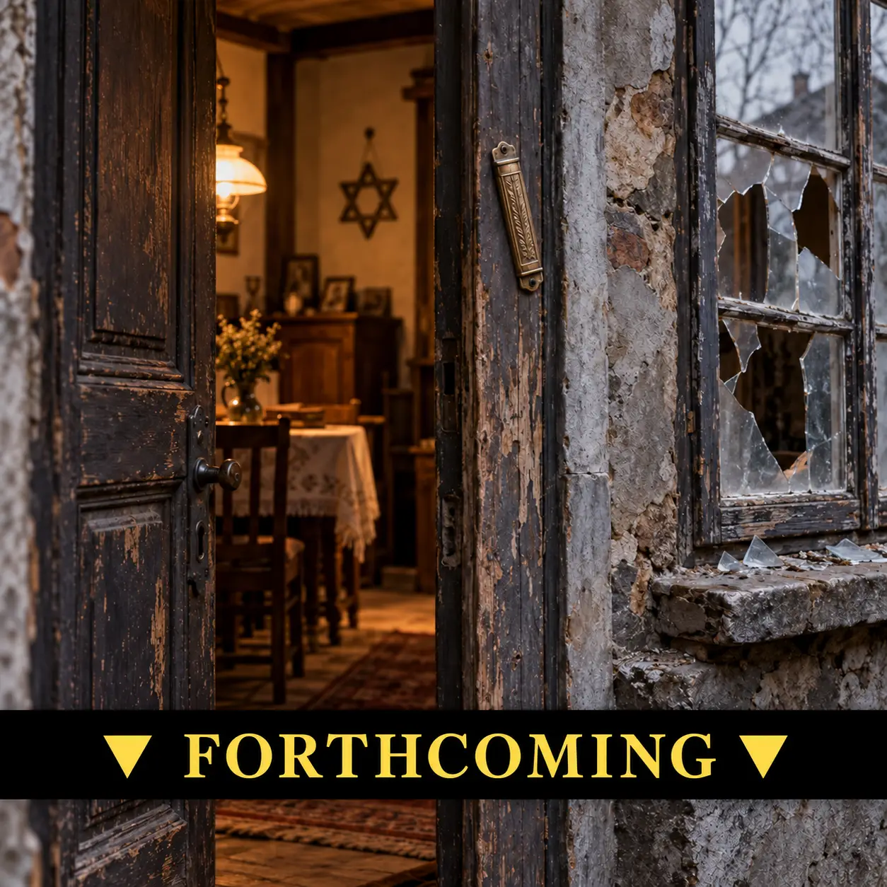 AI-generated illustration of a doorway with a mezuzah, shattered window panes, and a Star of David inside a warmly lit home. A black band reads “FORTHCOMING” in yellow, flanked by yellow downward-pointing triangles.