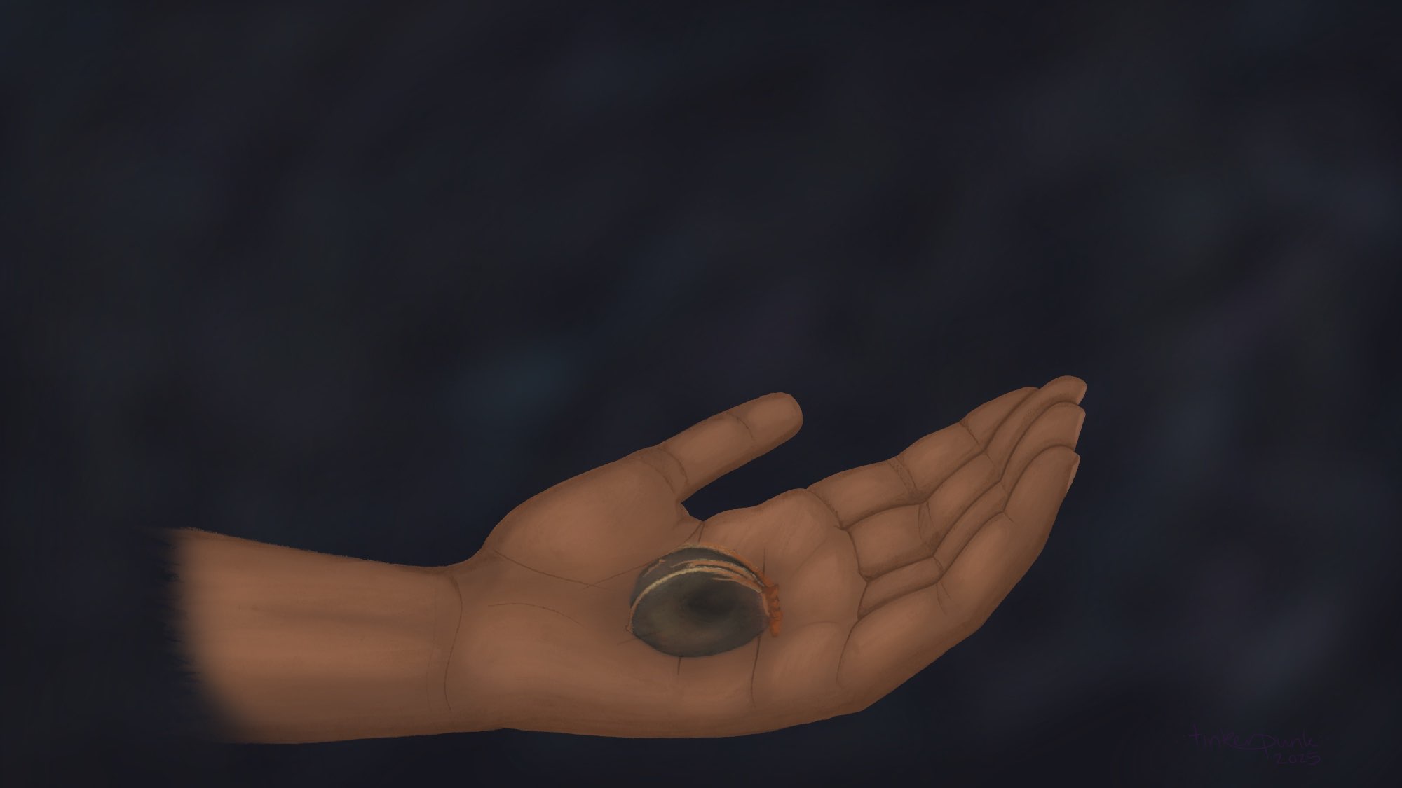 “The Apricot Promise,” an illustration by Em (Tinkerpunk of Tinkerpunk.art): an outstretched hand holds a small apricot stone wrapped with thread against a dark blue-black background.